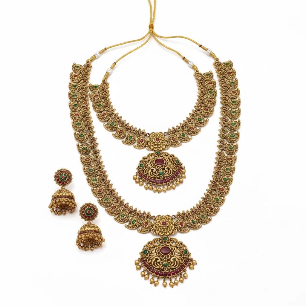 South Indian Temple Bridal Jewelry Set | Gold Plated Necklace