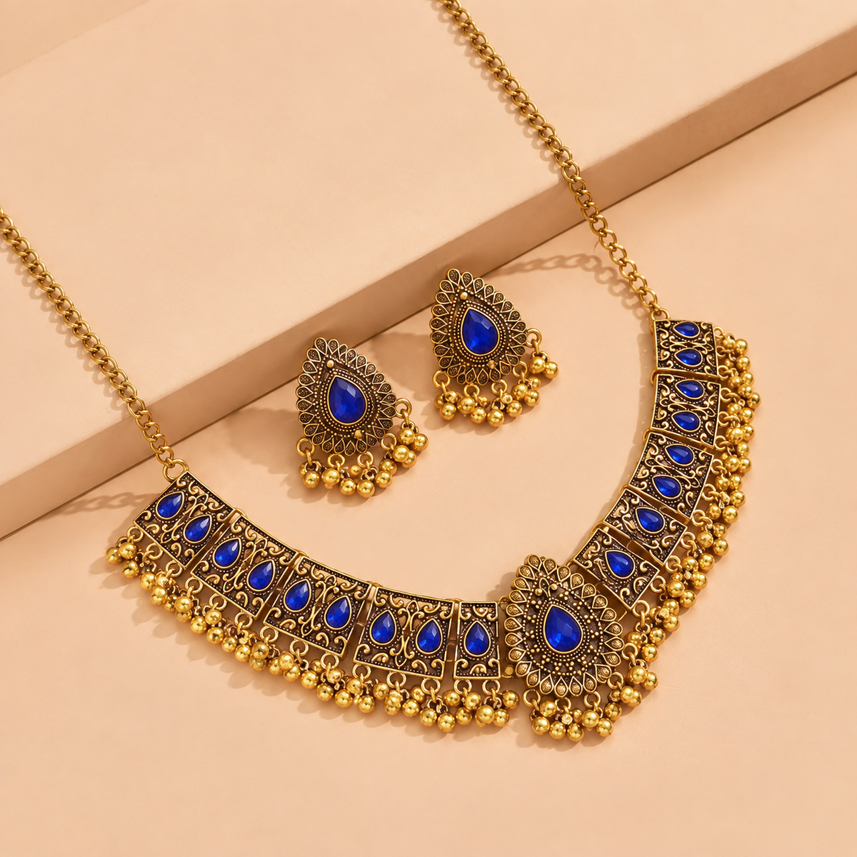 Indian Crystal Temple Choker Necklace & Earrings | Bridal Jewelry