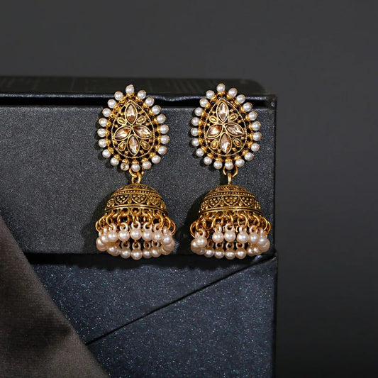 DOUVEI | Classic Gold Pearl Beaded Tassel Earrings for Women | Vintage Drop Earrings | Ethnic Indian & Turkish Jewelry