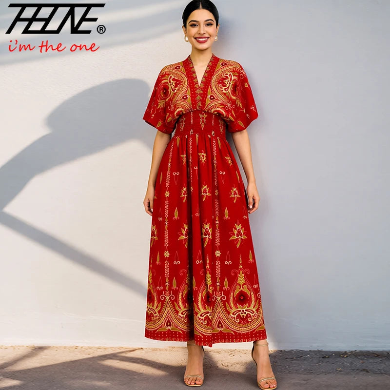 THHONE Summer Maxi Dress for Women | V-Neck Boho Beach Print Long Dress | Vintage Indian Inspired Holiday Wear