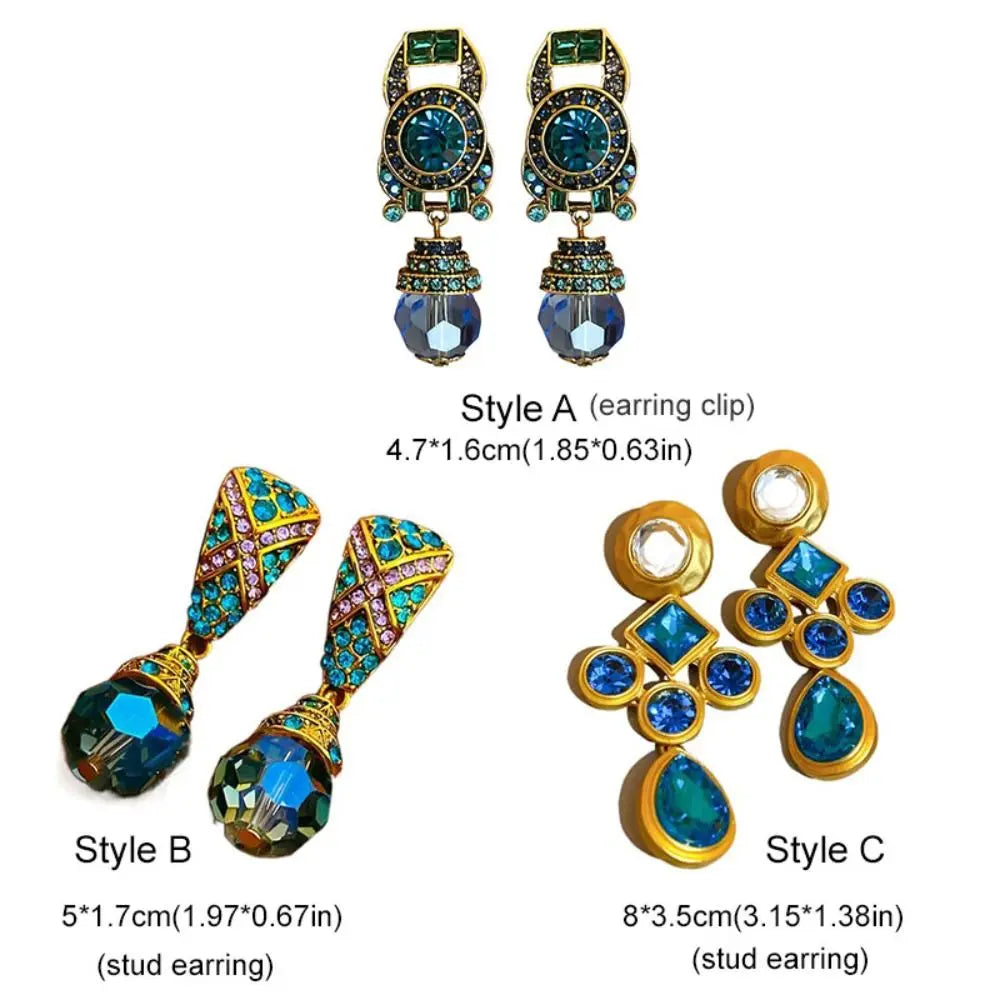 Blue Crystal Rhinestone Clip-On Earrings for Women | Vintage Statement Jewelry