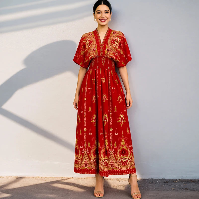 THHONE Summer Maxi Dress for Women | V-Neck Boho Beach Print Long Dress | Vintage Indian Inspired Holiday Wear
