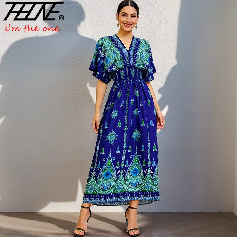 THHONE Summer Maxi Dress for Women | V-Neck Boho Beach Print Long Dress | Vintage Indian Inspired Holiday Wear