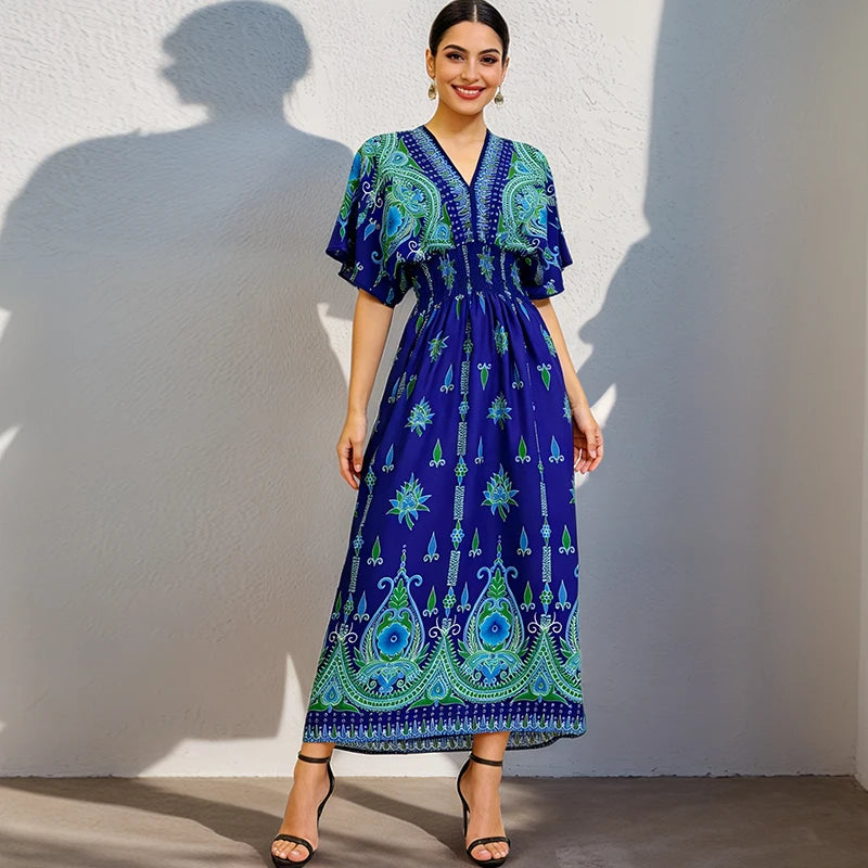 THHONE Summer Maxi Dress for Women | V-Neck Boho Beach Print Long Dress | Vintage Indian Inspired Holiday Wear