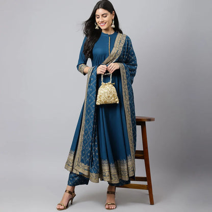 Blue Printed 3-Piece Kurta Set for Women | Cotton Silk Indian Ethnic Wear