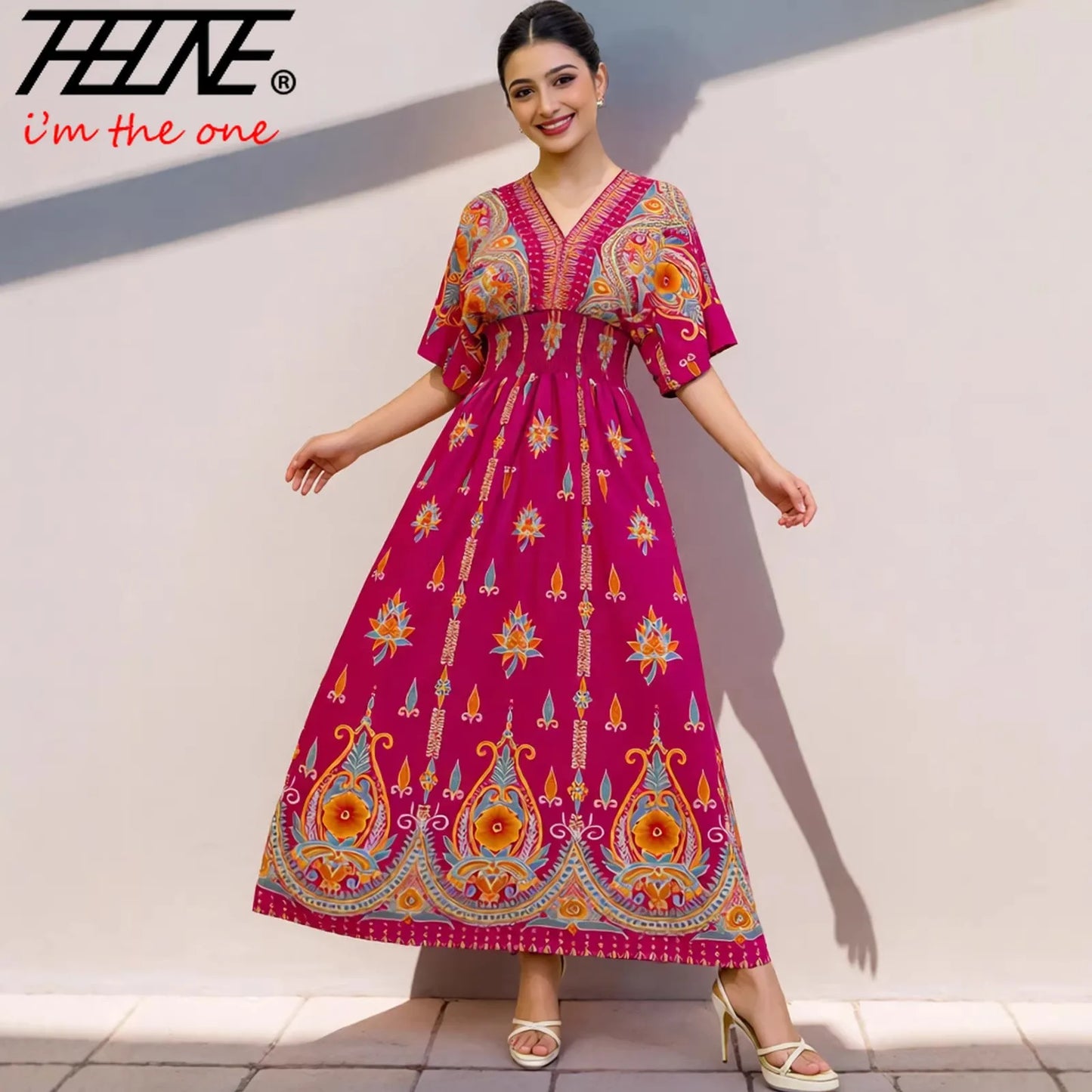 THHONE Summer Maxi Dress for Women | V-Neck Boho Beach Print Long Dress | Vintage Indian Inspired Holiday Wear