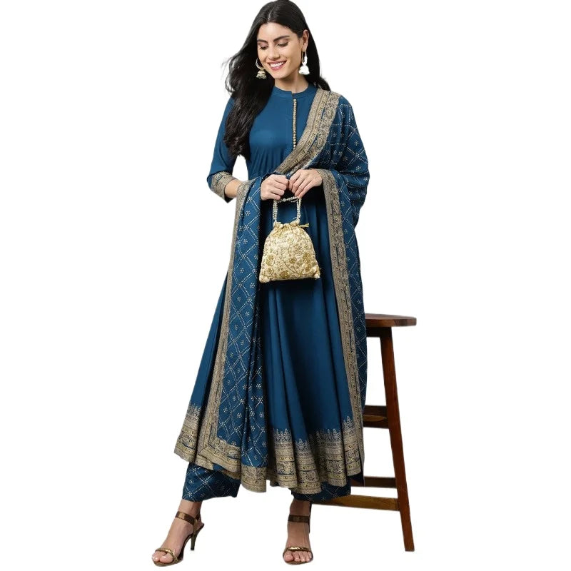 Blue Printed 3-Piece Kurta Set for Women | Cotton Silk Indian Ethnic Wear