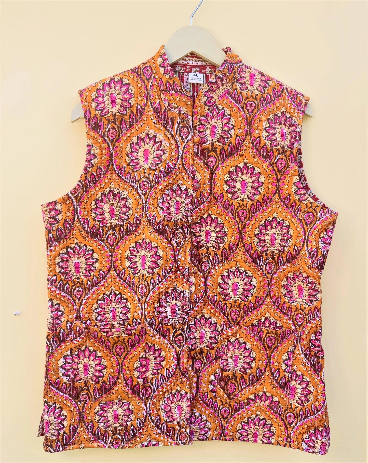 Reversible Sleeveless Quilted Winter Jacket for Women | Cotton Waistcoat with Vintage Ethnic Handblock Print | Lightweight Warm Outerwear