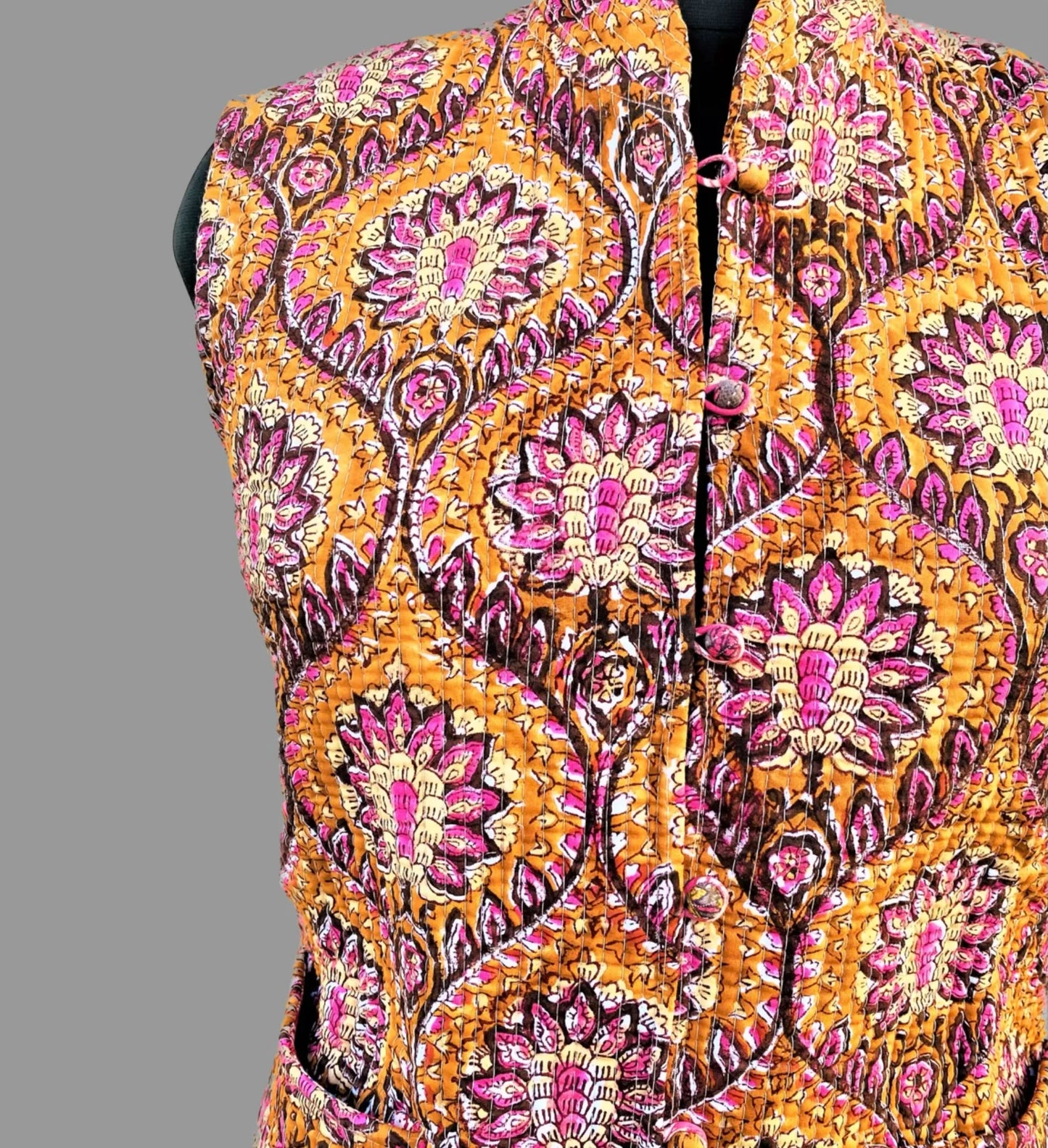 Reversible Sleeveless Quilted Winter Jacket for Women | Cotton Waistcoat with Vintage Ethnic Handblock Print | Lightweight Warm Outerwear