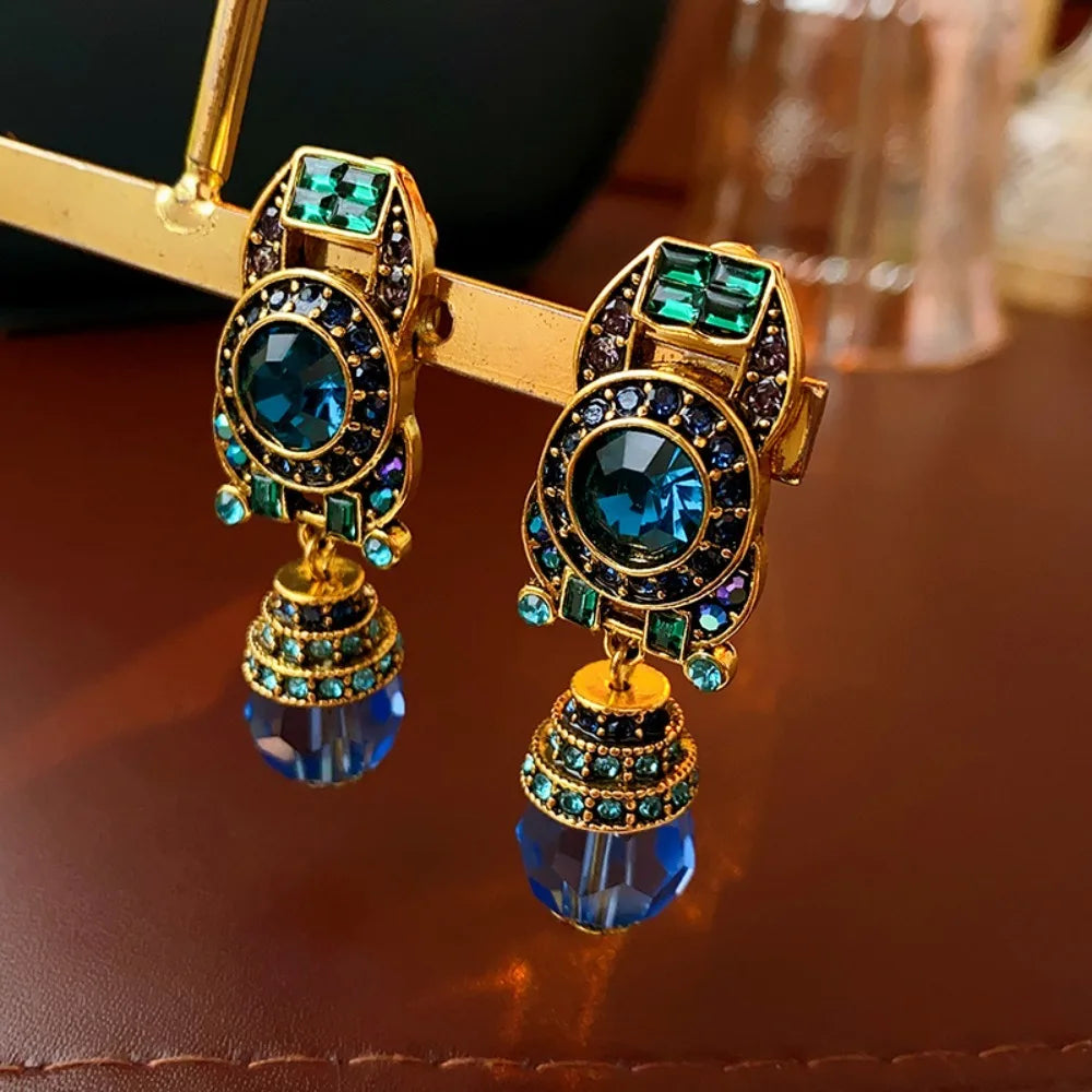 Blue Crystal Rhinestone Clip-On Earrings for Women | Vintage Statement Jewelry
