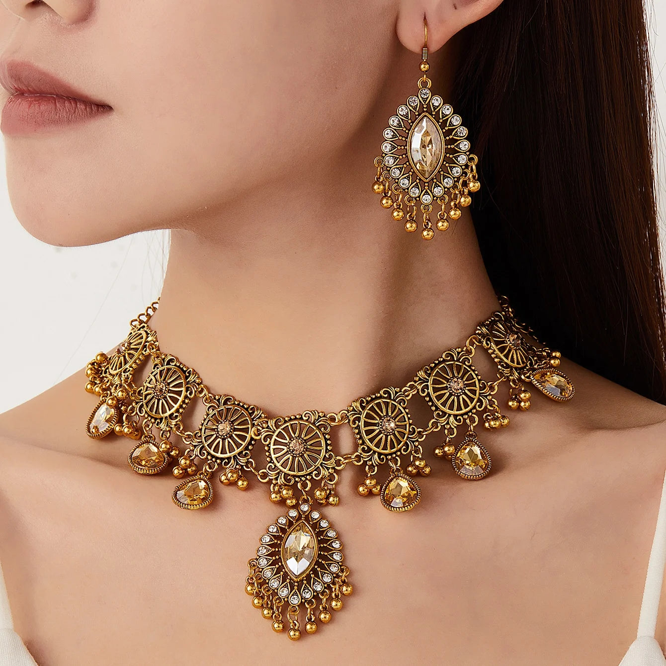 Vintage Indian Ethnic Jewelry Set | Crystal Water Drop Necklace & Earrings