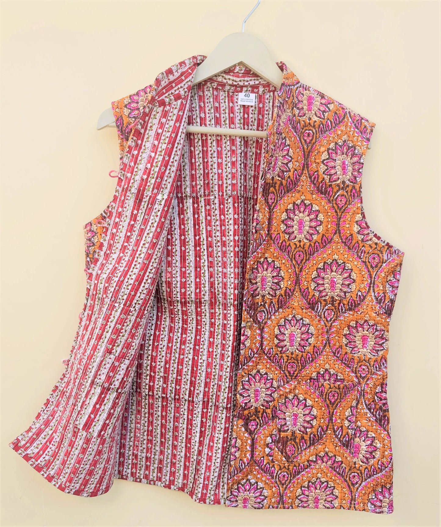 Reversible Sleeveless Quilted Winter Jacket for Women | Cotton Waistcoat with Vintage Ethnic Handblock Print | Lightweight Warm Outerwear