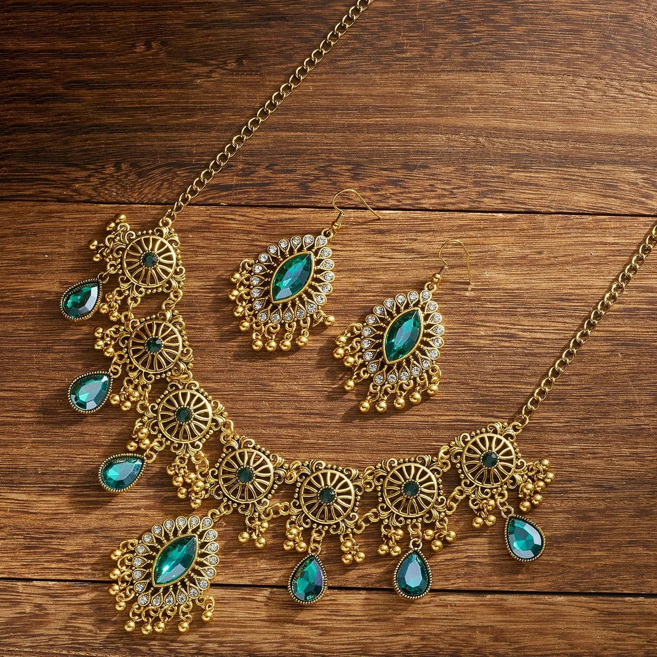 Vintage Indian Ethnic Jewelry Set | Crystal Water Drop Necklace & Earrings