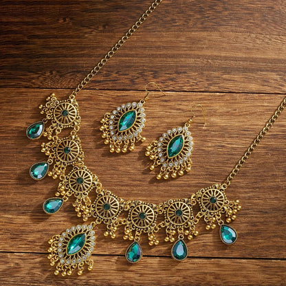 Vintage Indian Ethnic Jewelry Set | Crystal Water Drop Necklace & Earrings