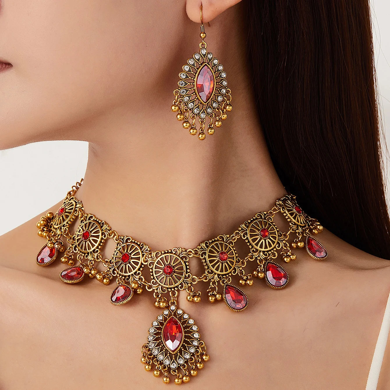 Vintage Indian Ethnic Jewelry Set | Crystal Water Drop Necklace & Earrings