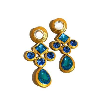 Blue Crystal Rhinestone Clip-On Earrings for Women | Vintage Statement Jewelry