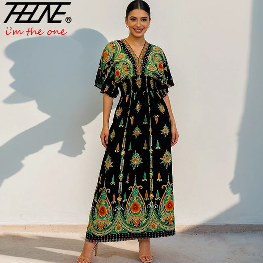 THHONE Summer Maxi Dress for Women | V-Neck Boho Beach Print Long Dress | Vintage Indian Inspired Holiday Wear