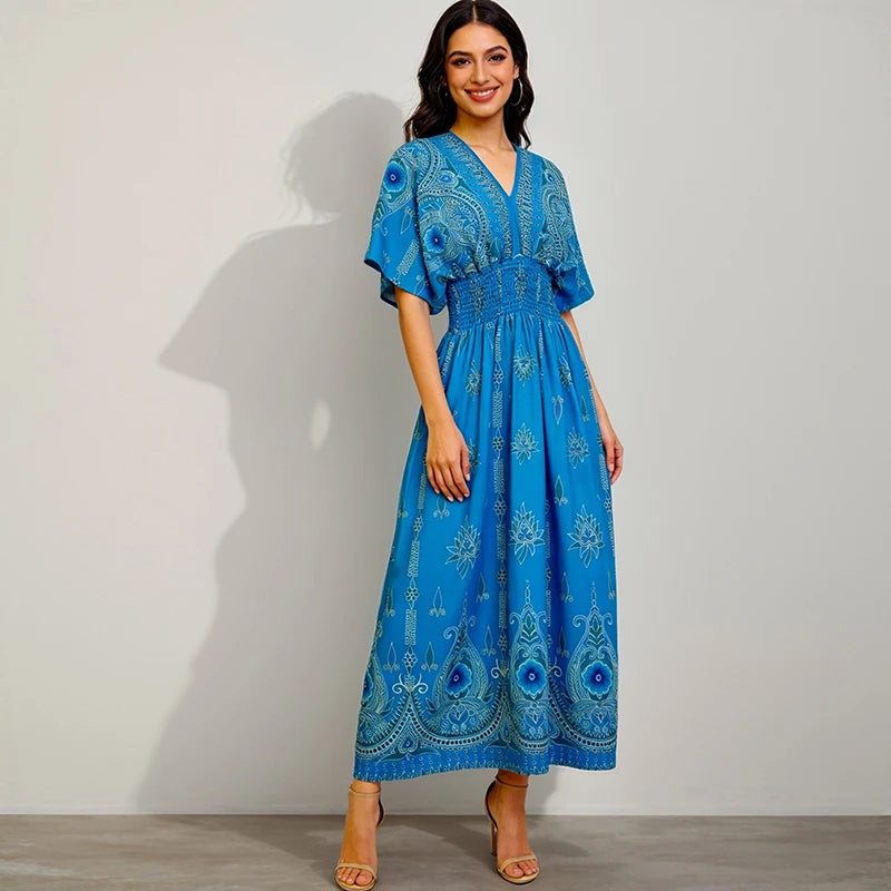 THHONE Summer Maxi Dress for Women | V-Neck Boho Beach Print Long Dress | Vintage Indian Inspired Holiday Wear