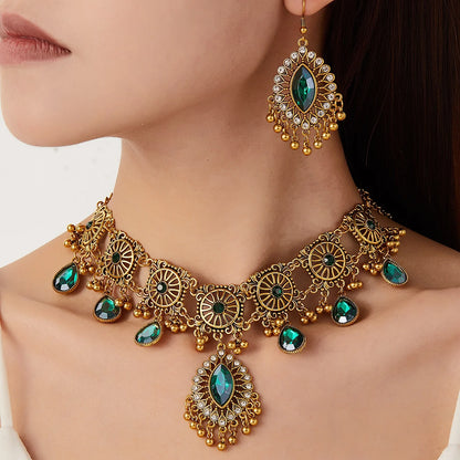 Vintage Indian Ethnic Jewelry Set | Crystal Water Drop Necklace & Earrings