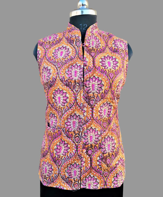 Reversible Sleeveless Quilted Winter Jacket for Women | Cotton Waistcoat with Vintage Ethnic Handblock Print | Lightweight Warm Outerwear