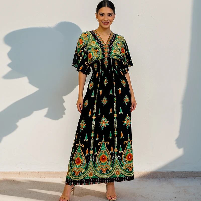 THHONE Summer Maxi Dress for Women | V-Neck Boho Beach Print Long Dress | Vintage Indian Inspired Holiday Wear