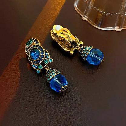 Blue Crystal Rhinestone Clip-On Earrings for Women | Vintage Statement Jewelry