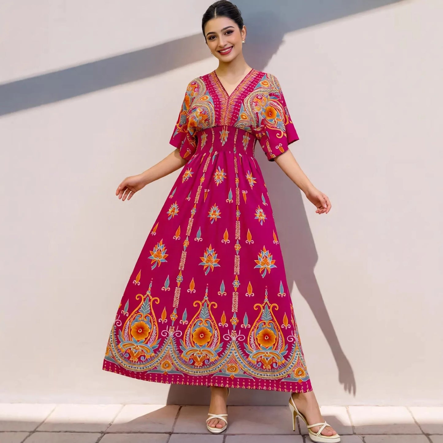 THHONE Summer Maxi Dress for Women | V-Neck Boho Beach Print Long Dress | Vintage Indian Inspired Holiday Wear