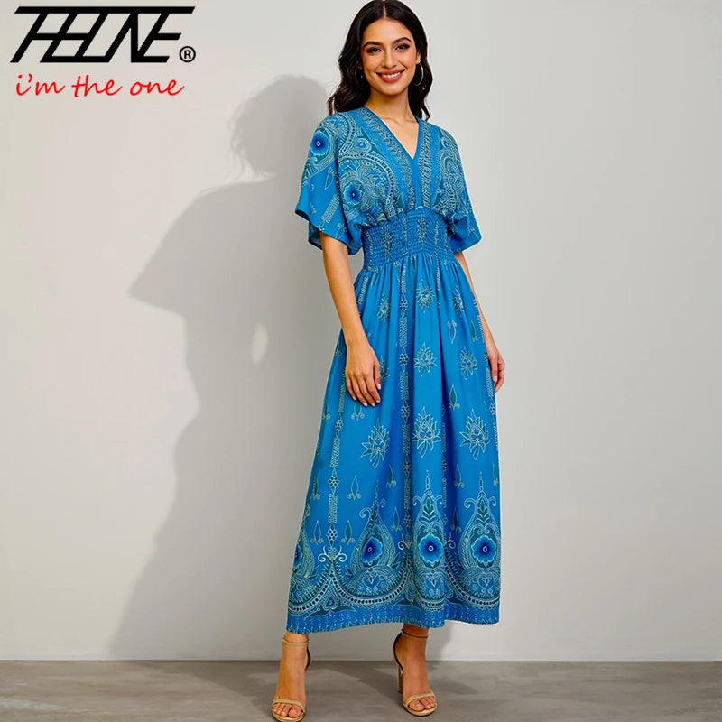 THHONE Summer Maxi Dress for Women | V-Neck Boho Beach Print Long Dress | Vintage Indian Inspired Holiday Wear
