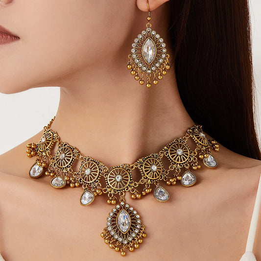 Vintage Indian Ethnic Jewelry Set | Crystal Water Drop Necklace & Earrings