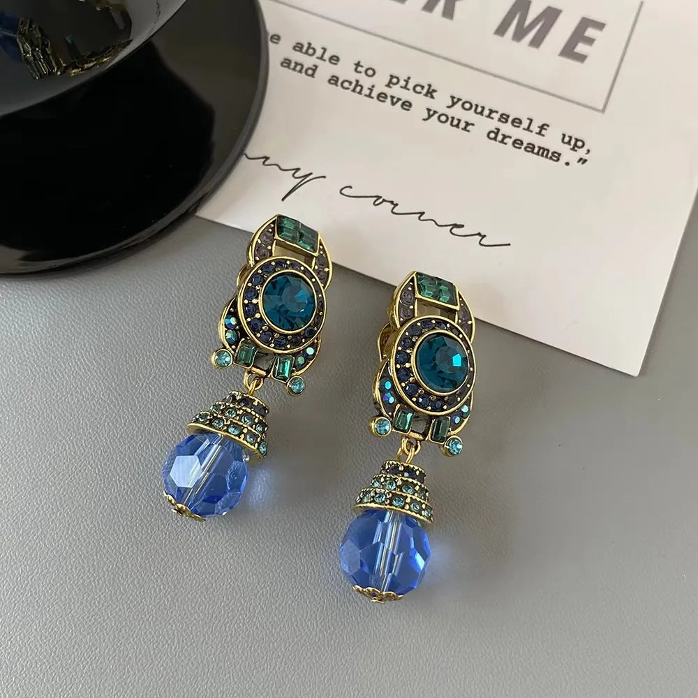 Blue Crystal Rhinestone Clip-On Earrings for Women | Vintage Statement Jewelry