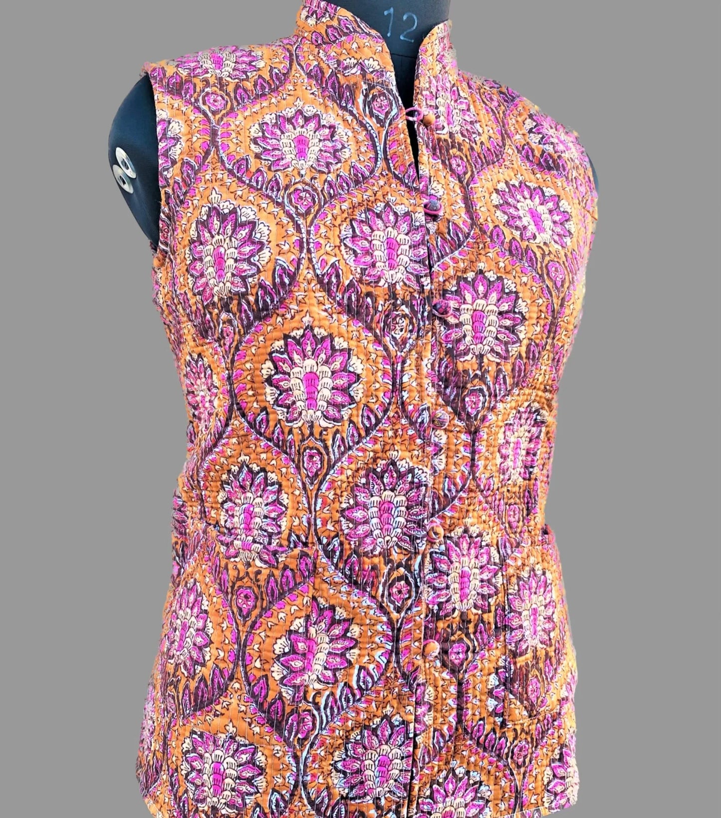 Reversible Sleeveless Quilted Winter Jacket for Women | Cotton Waistcoat with Vintage Ethnic Handblock Print | Lightweight Warm Outerwear