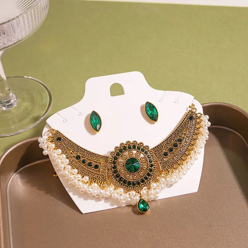 Luxury Crystal Wedding Jewelry Set | Gold Necklace & Earrings