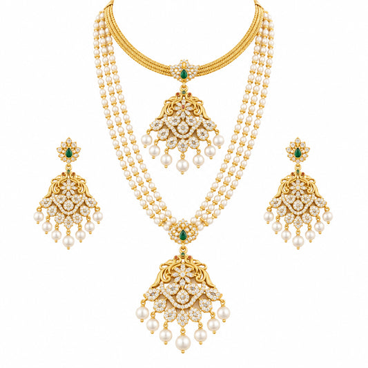 South Indian Brass Bridal Jewelry Set | Zircon Flower Design Rose Gold Plated Wedding Set