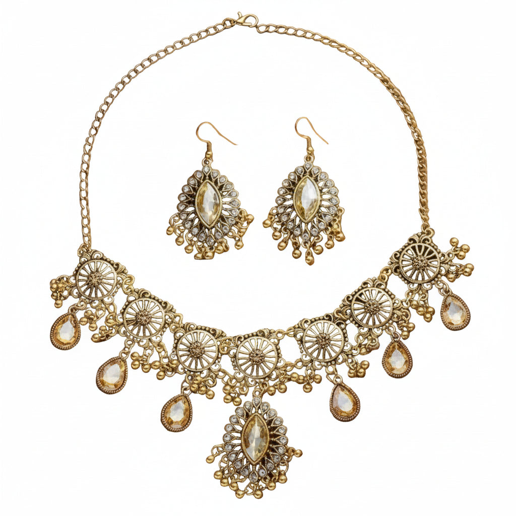 Vintage Ethnic Necklace & Earrings Set | Rhinestone Jewelry