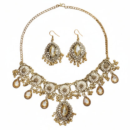 Vintage Ethnic Necklace & Earrings Set | Rhinestone Jewelry