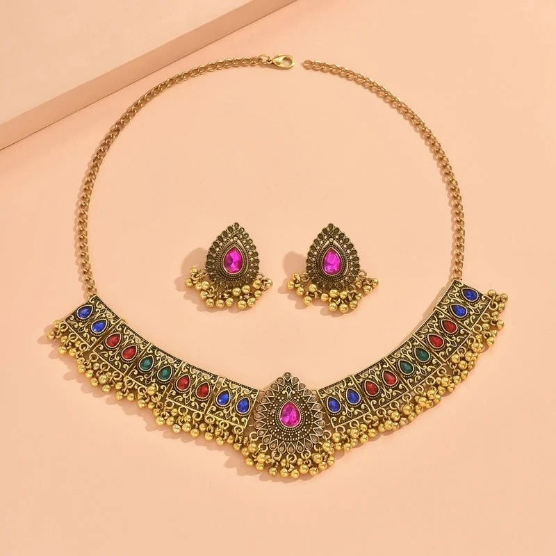 Indian Crystal Temple Choker Necklace & Earrings | Bridal Jewelry