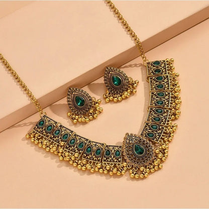 Indian Crystal Temple Choker Necklace & Earrings | Bridal Jewelry